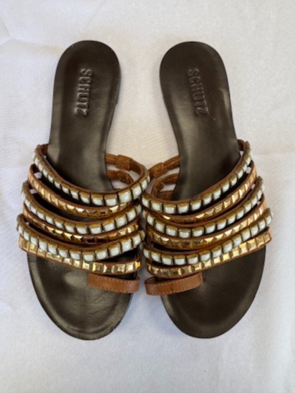 Schutz Multi Beaded Strap Embellished Boho Sandals Gold White Size 7M